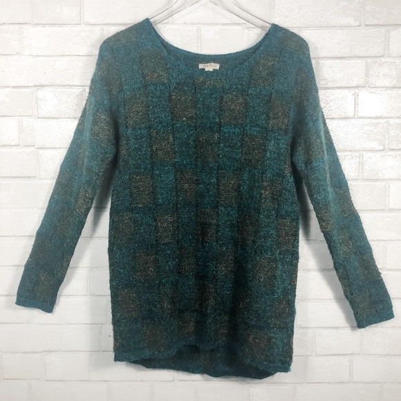Lucky Brand Teal Blue Gold Checkered Knit Textured Pullover Sweater - Picture 1 of 7